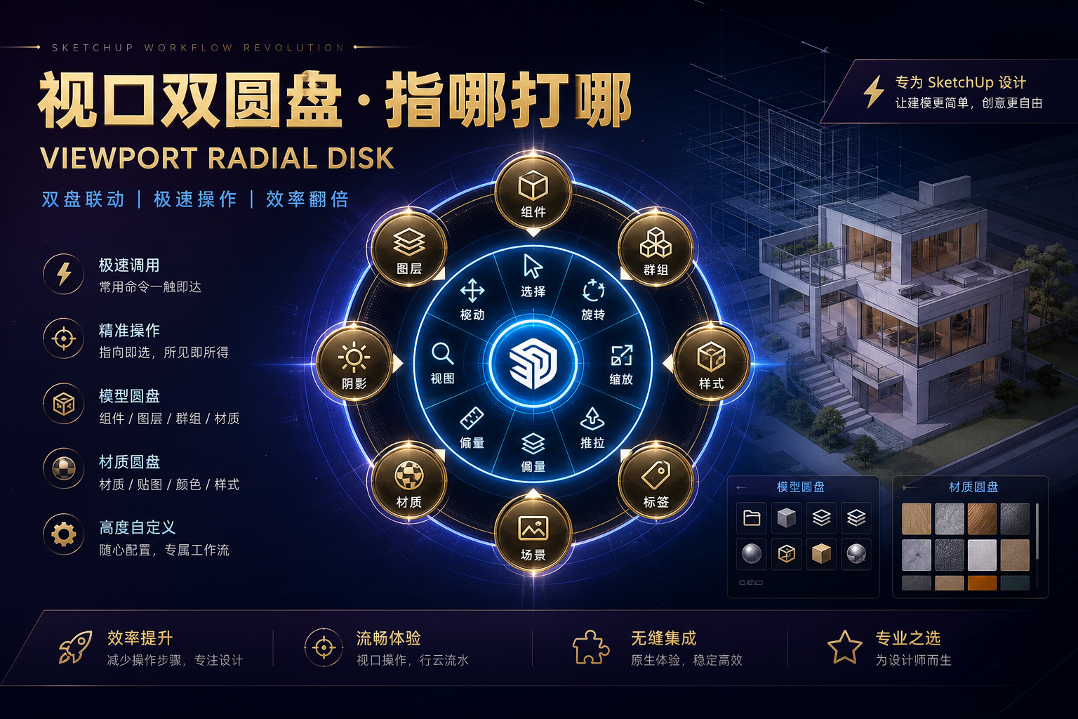 视口三圆盘 · 模型盘 / 材质盘 / 灯光盘环形菜单